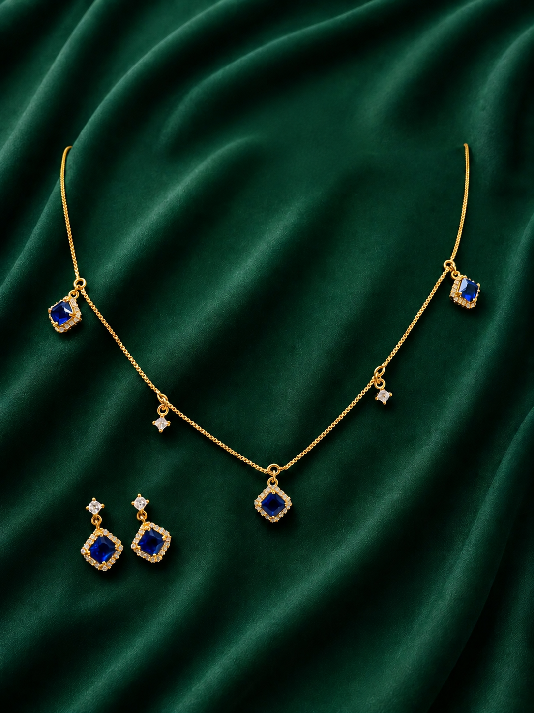 Blue Sapphire-Style Gold-Tone Necklace & Earrings Set