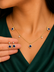 Blue Sapphire-Style Gold-Tone Necklace & Earrings Set